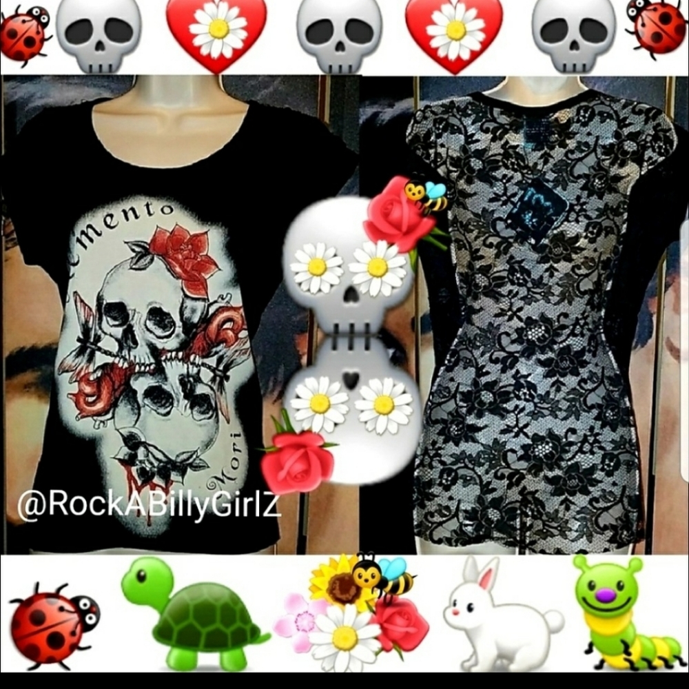 Too Fast Memento Mori Skull Roses Tattoo Art Top w Full Black Floral Lace Back